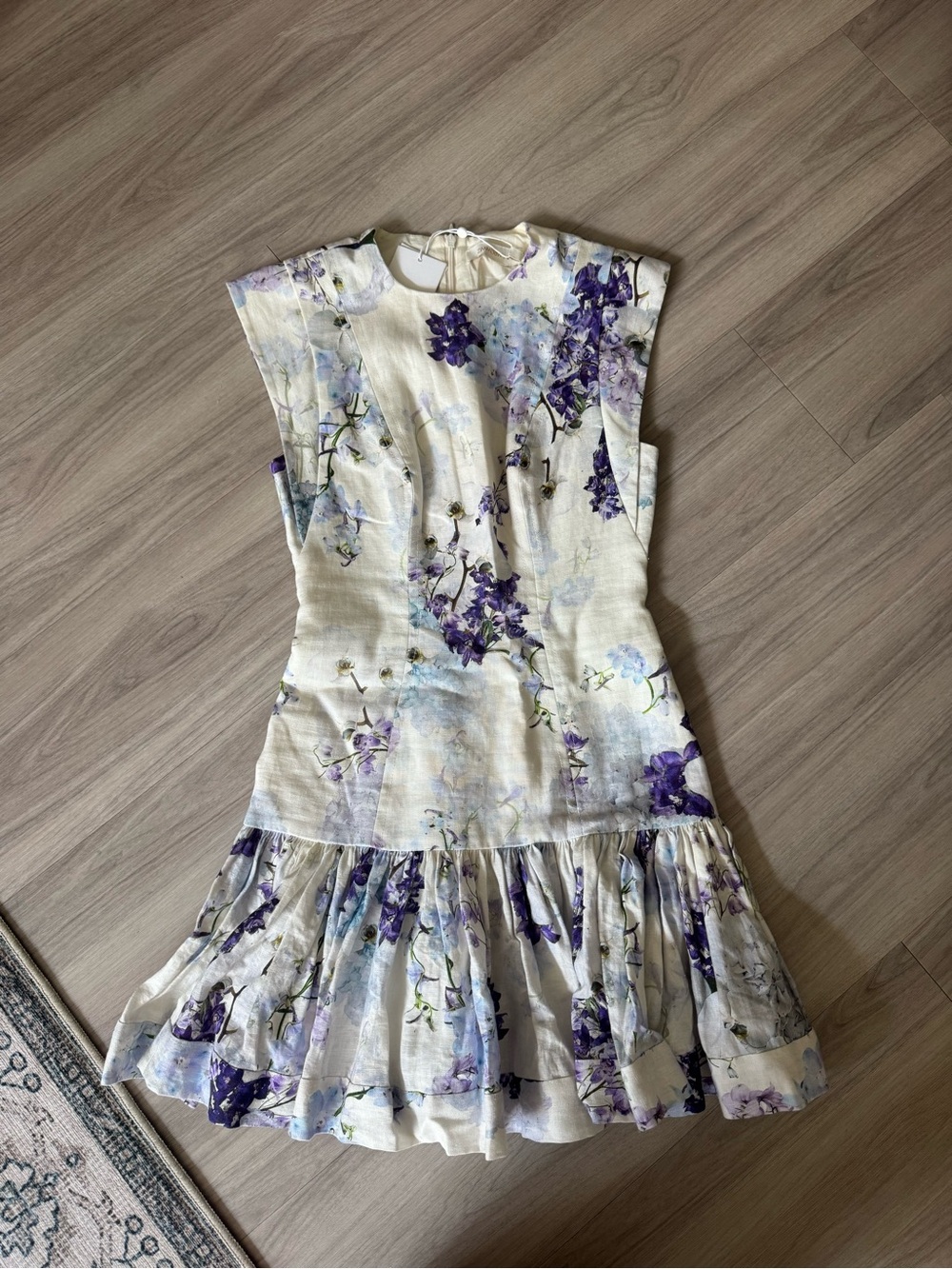 Zimmermann Floral Ruffle Hem Dress - Cream with Purple Floral Print